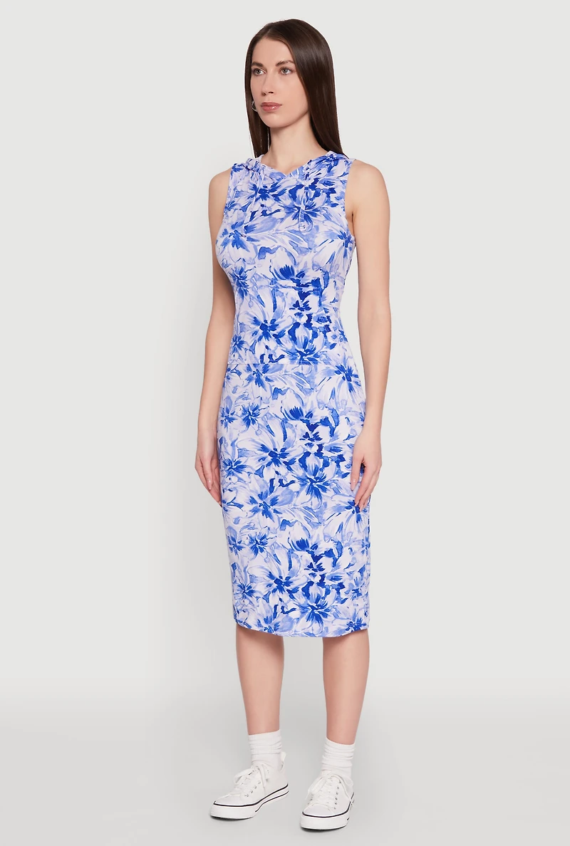 Womens Floral Print Hooded Tank Dress, Blue, Size M