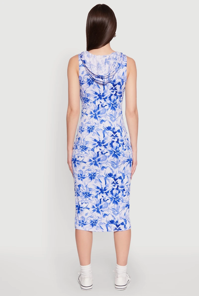 Womens Floral Print Hooded Tank Dress, Blue, Size M