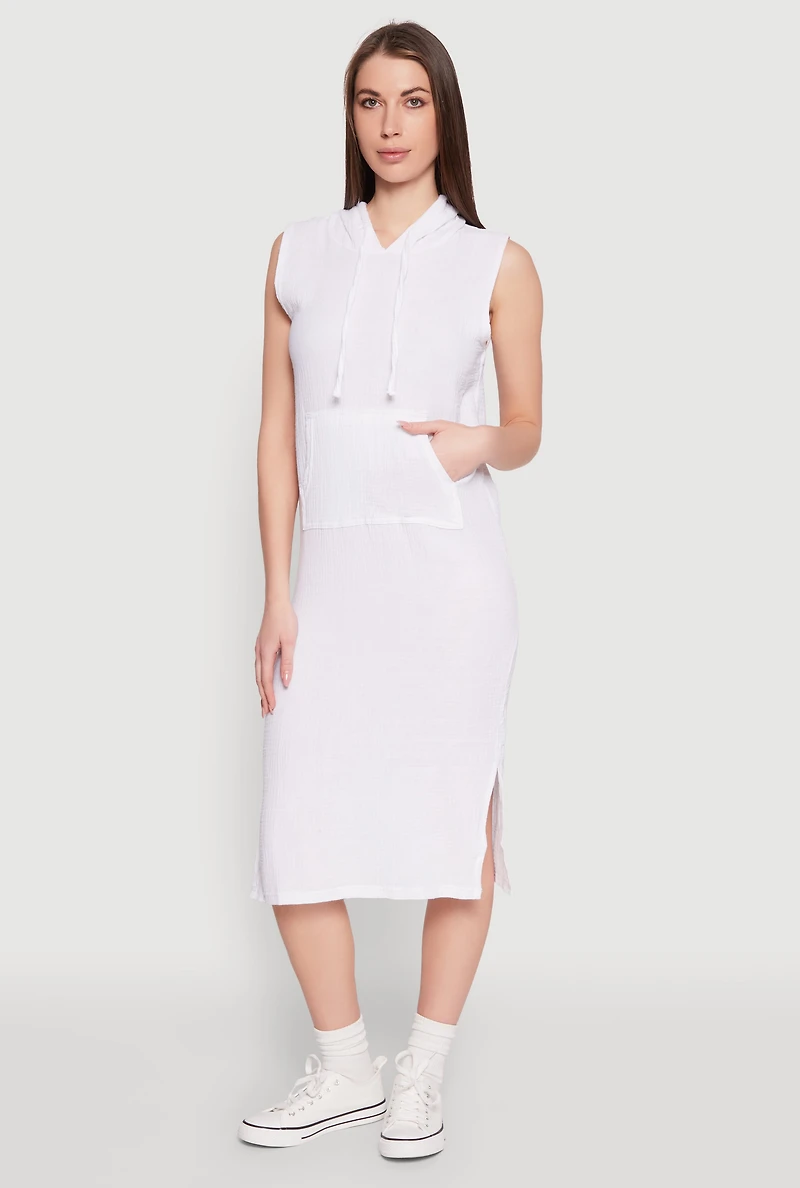 Womens Gauze Knit Hooded Tank Dress, White, Size L