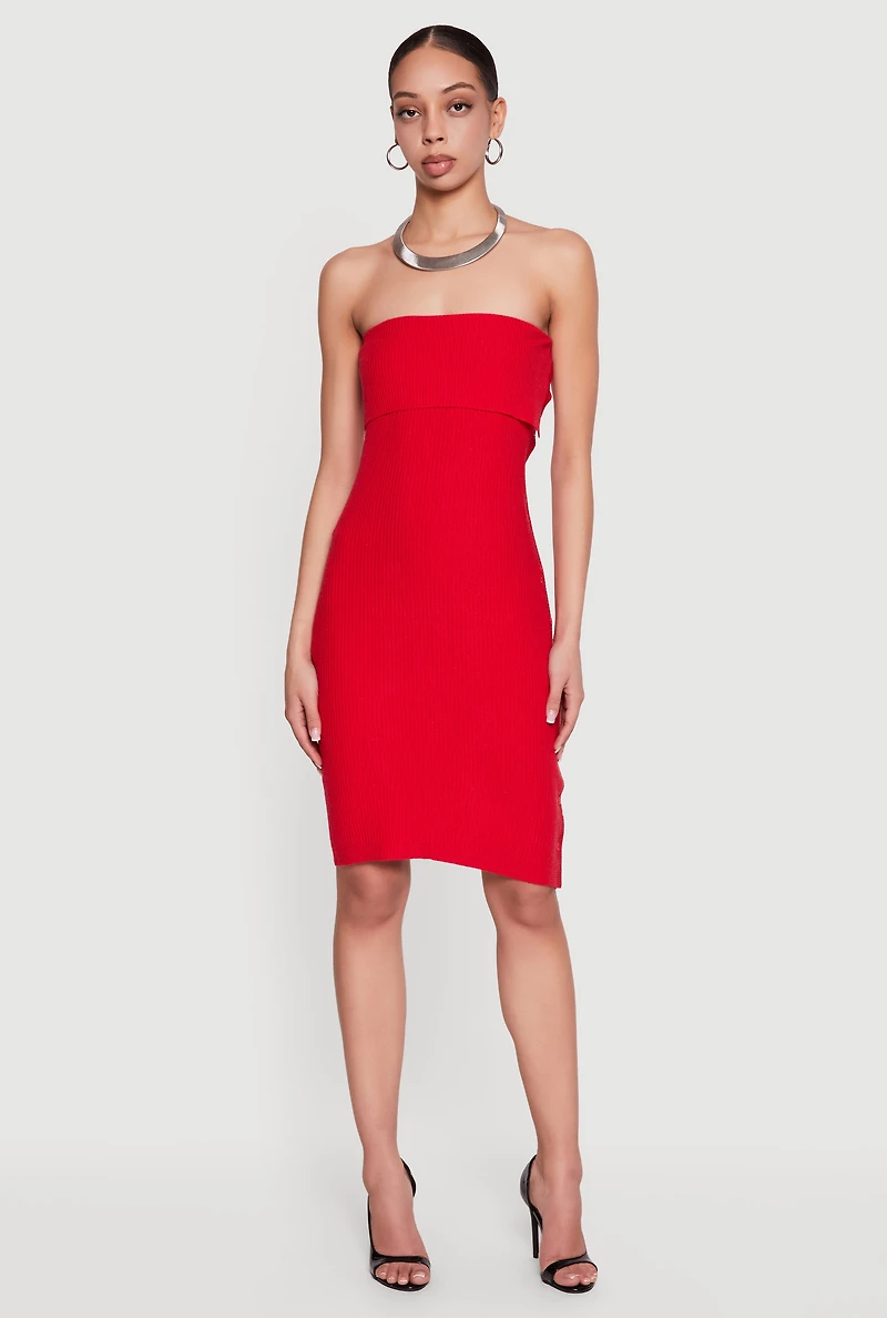 Fold Over Detail Midi Tube Sweater Dress