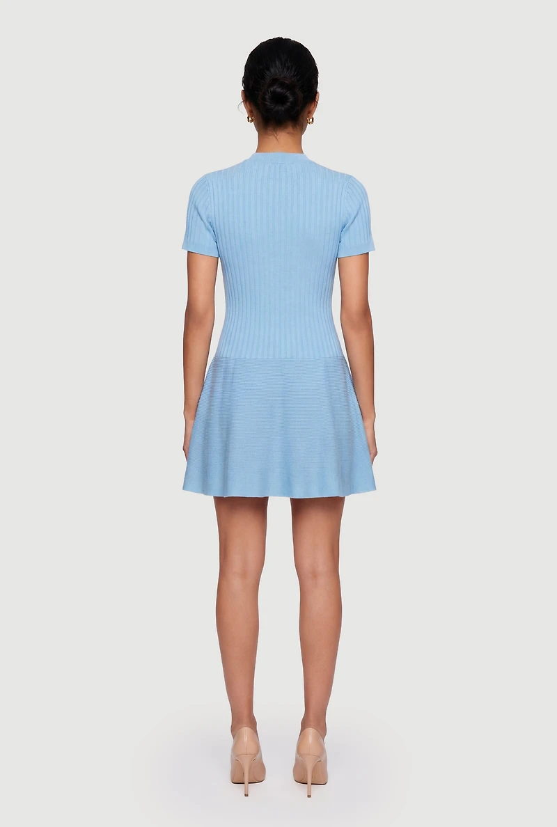 Rib Knit Short Sleeve Button Front Mini Dress