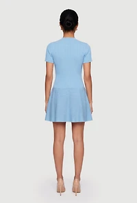 Rib Knit Short Sleeve Button Front Mini Dress