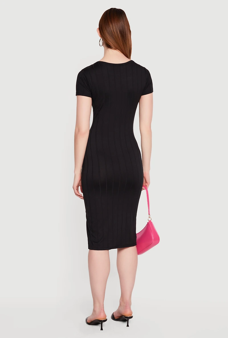 Ribbed Knit Short Sleeve Midi Dress with Side Slit