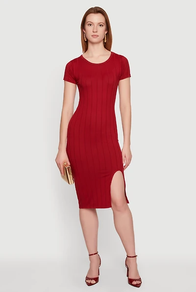 Ribbed Knit Short Sleeve Midi Dress with Side Slit