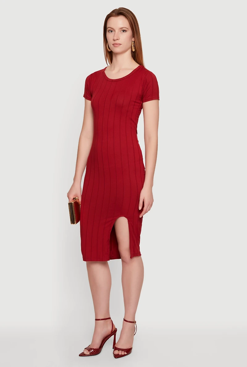 Ribbed Knit Short Sleeve Midi Dress with Side Slit