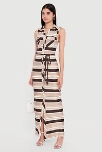 Striped Sleeveless Maxi Shirt Dress with Tie Waist Belt