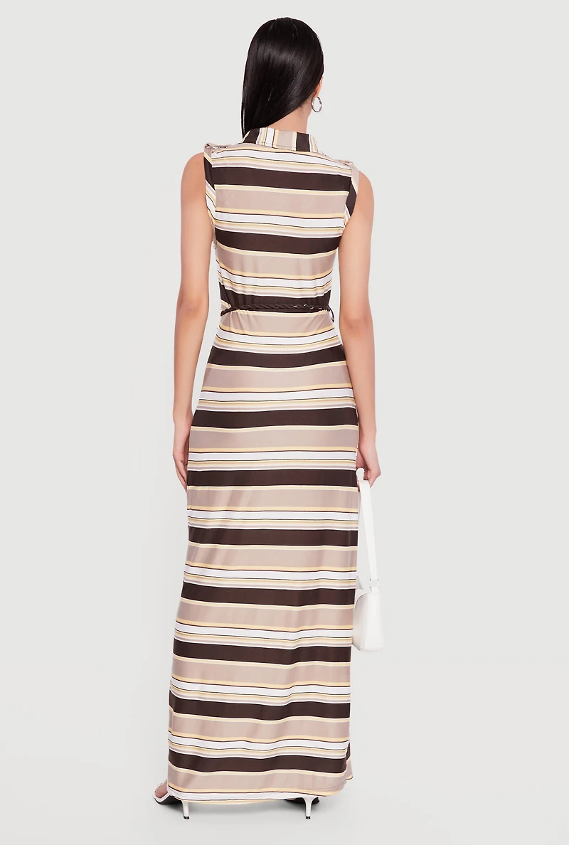 Striped Sleeveless Maxi Shirt Dress with Tie Waist Belt