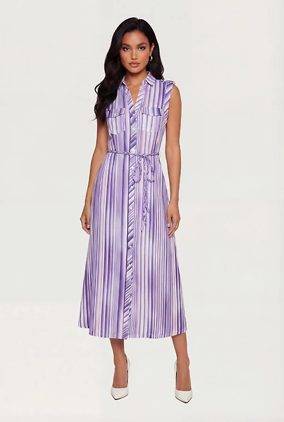 Striped Ombre Button Front Shirt Dress with Tie Waist Belt