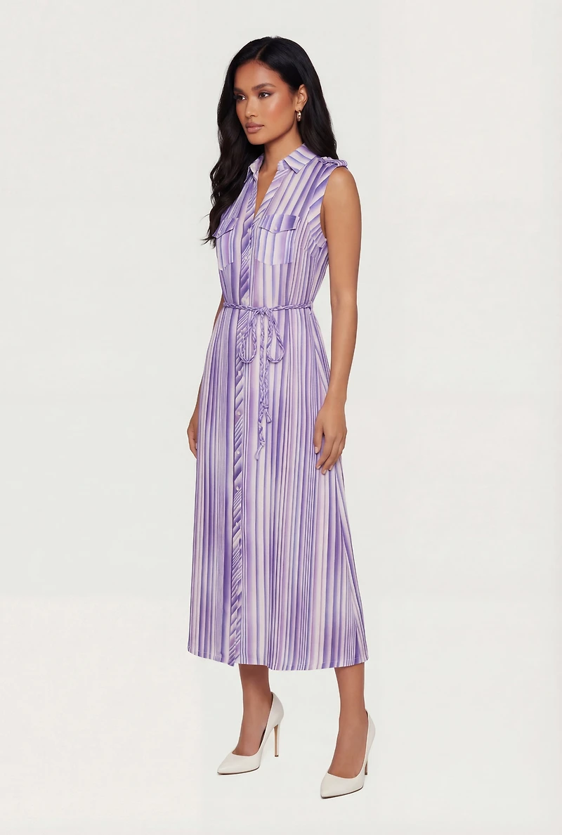 Striped Ombre Button Front Shirt Dress with Tie Waist Belt