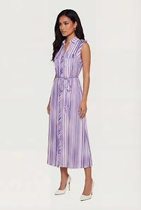 Striped Ombre Button Front Shirt Dress with Tie Waist Belt