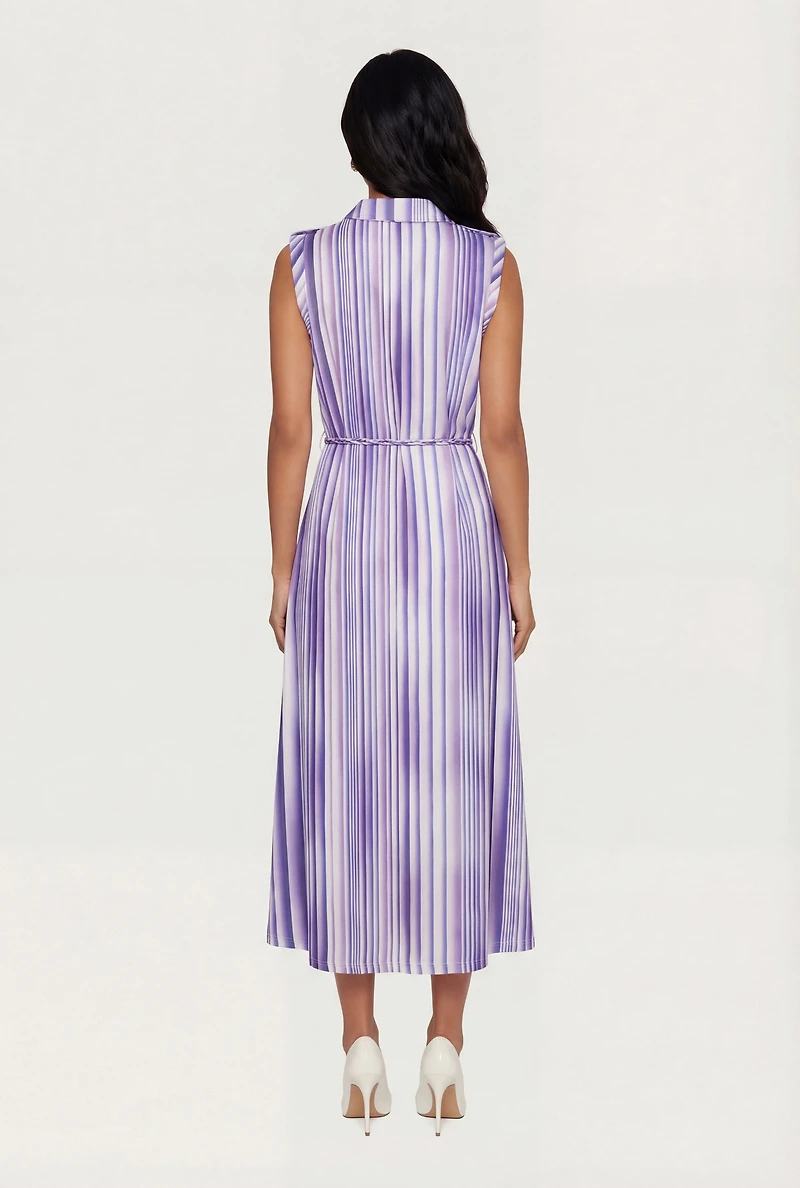Striped Ombre Button Front Shirt Dress with Tie Waist Belt