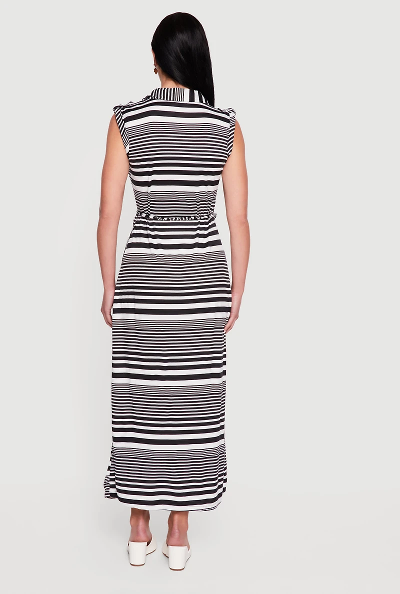 Striped Button Front Tie Waist Belted Maxi Dress