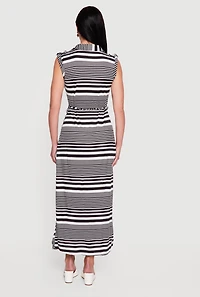 Striped Button Front Tie Waist Belted Maxi Dress