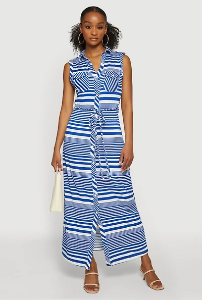 Striped Button Front Tie Waist Belted Maxi Dress