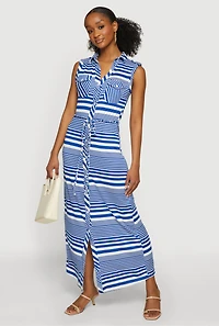 Striped Button Front Tie Waist Belted Maxi Dress