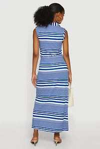 Striped Button Front Tie Waist Belted Maxi Dress
