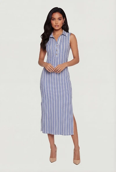 Striped Sleeveless Side Slit Shirt Dress