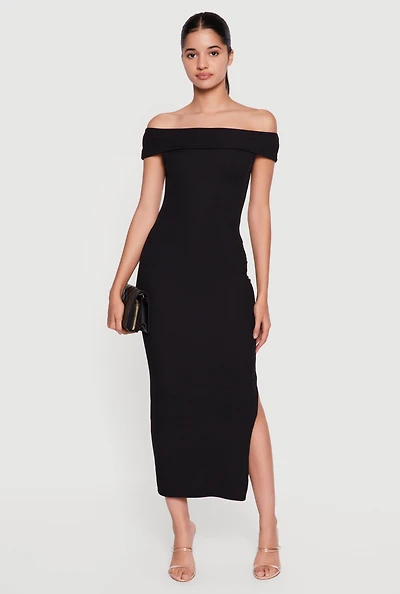 Fold Over Off the Shoulder Side Slit Midi Dress