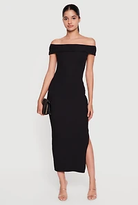 Fold Over Off the Shoulder Side Slit Midi Dress