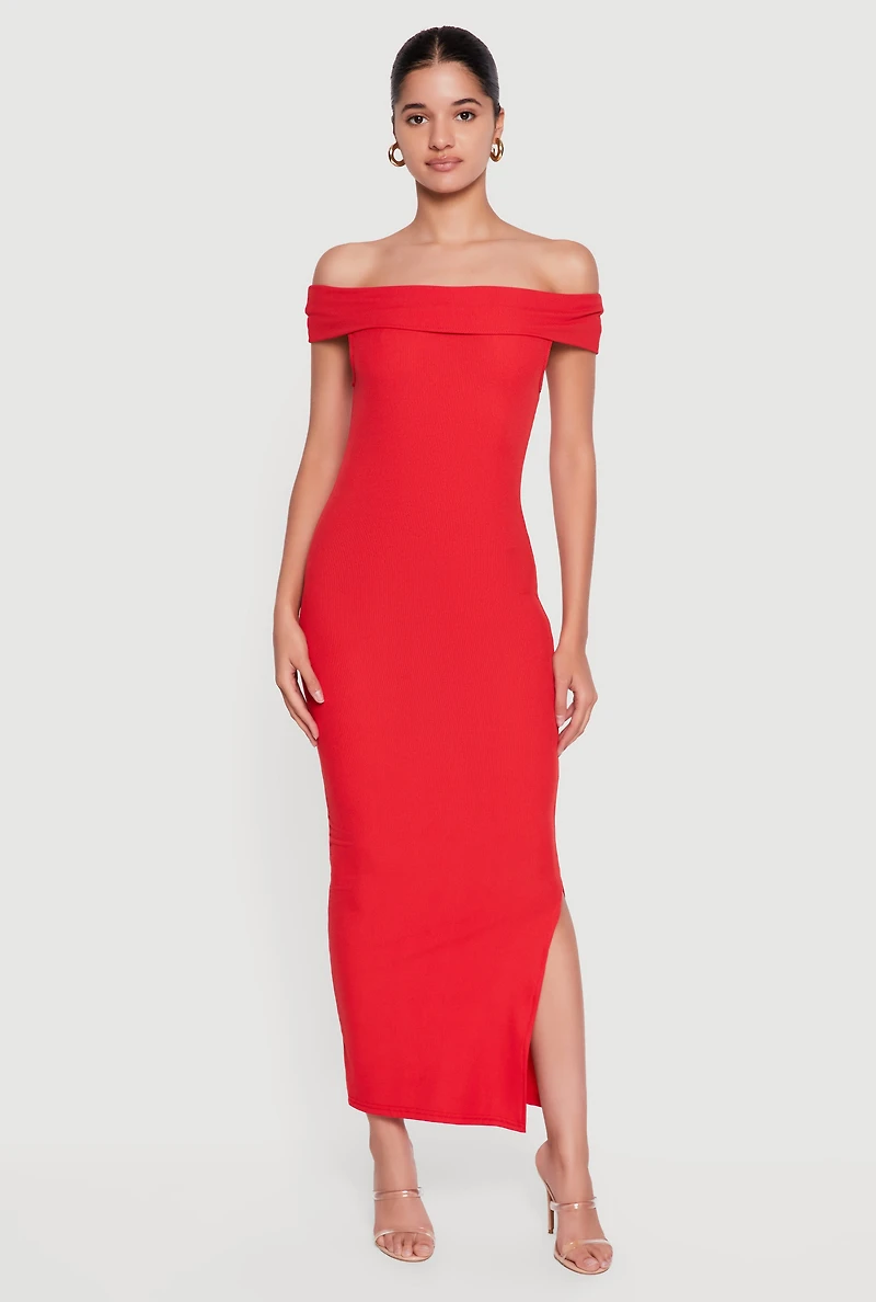 Fold Over Off the Shoulder Side Slit Midi Dress