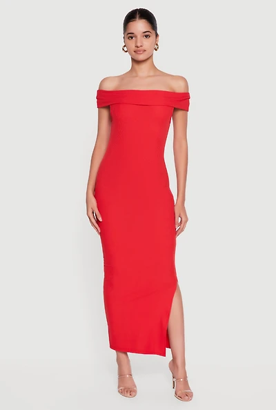 Fold Over Off the Shoulder Side Slit Midi Dress