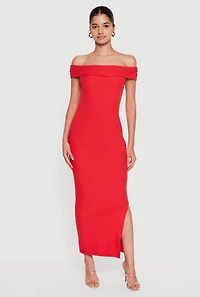 Fold Over Off the Shoulder Side Slit Midi Dress