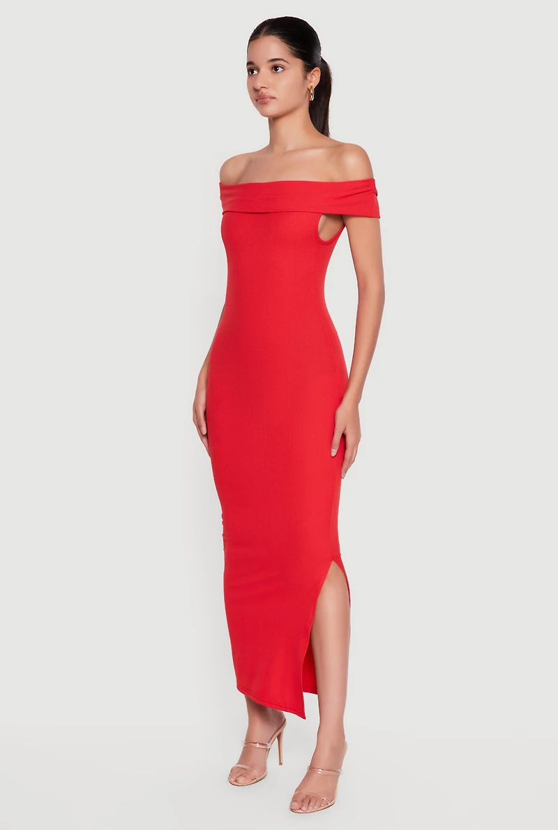 Fold Over Off the Shoulder Side Slit Midi Dress