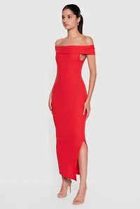Fold Over Off the Shoulder Side Slit Midi Dress