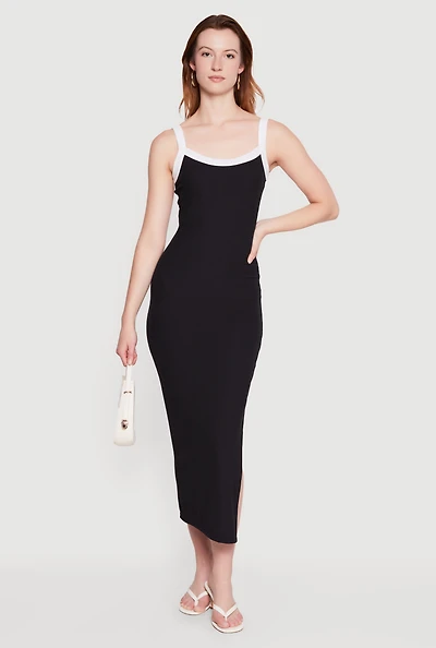 Contrast Trim Scoop Neck Side Slit Midi Dress