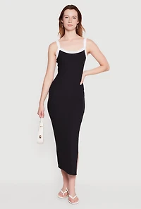 Contrast Trim Scoop Neck Side Slit Midi Dress