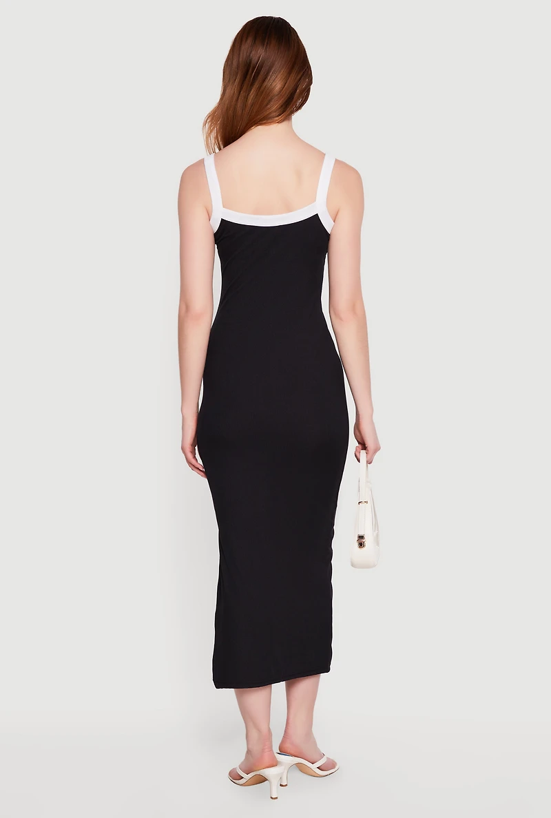 Contrast Trim Scoop Neck Side Slit Midi Dress