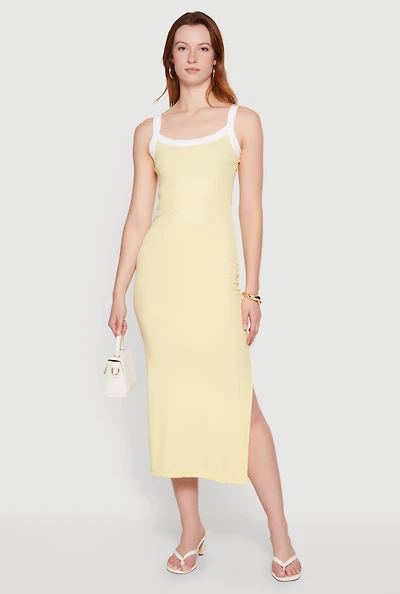 Contrast Trim Scoop Neck Side Slit Midi Dress