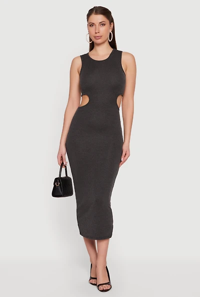 Ribbed Knit Cut Out Detail Scoop Neck Midi Dress