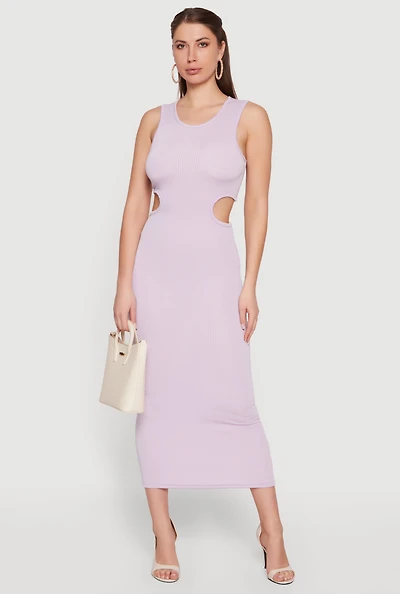 Ribbed Knit Cut Out Detail Scoop Neck Midi Dress