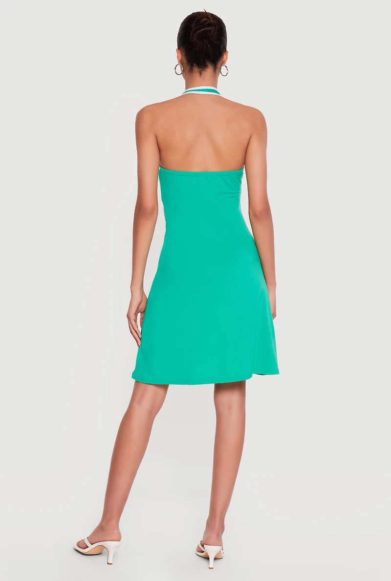92 Graphic Contrast Trim Halter Mini Dress