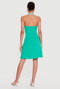 92 Graphic Contrast Trim Halter Mini Dress