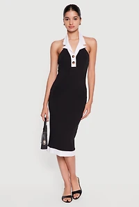 Contrast Trim Halter Neck Midi Dress