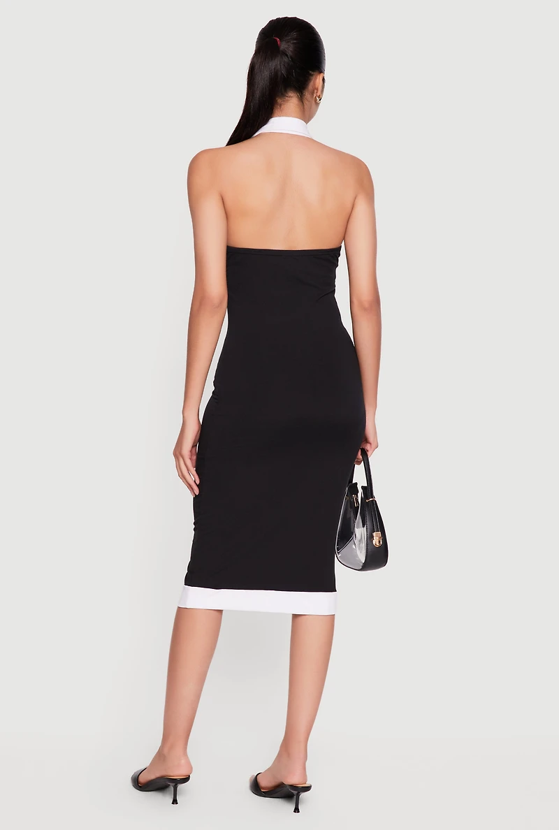 Contrast Trim Halter Neck Midi Dress