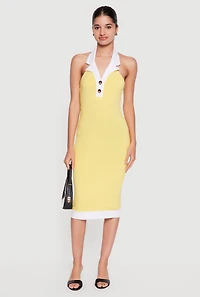 Contrast Trim Halter Neck Midi Dress