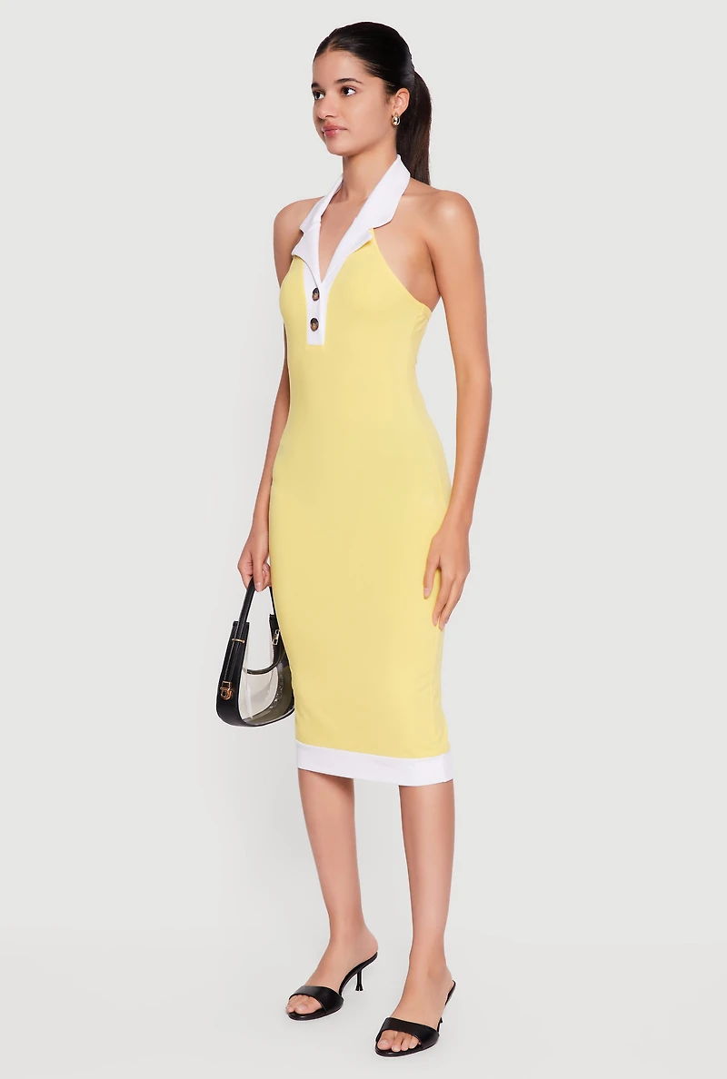Contrast Trim Halter Neck Midi Dress