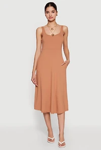Scoop Neck Side Pocket Fit and Flare Midi Dress