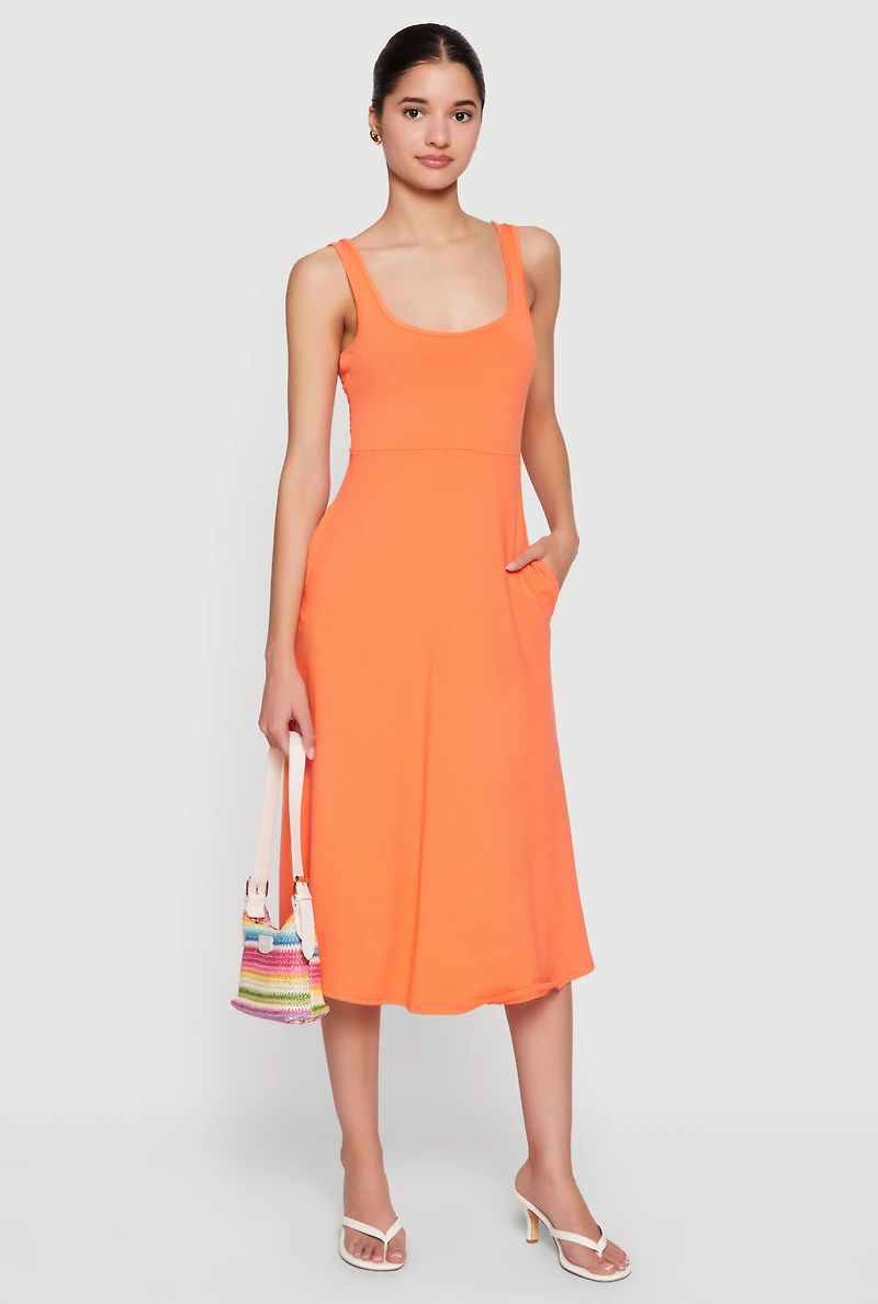 Scoop Neck Side Pocket Fit and Flare Midi Dress