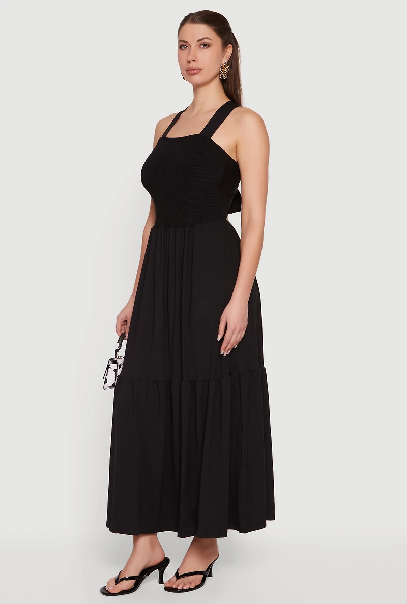 Smocked Tie Back Keyhole Maxi Dress