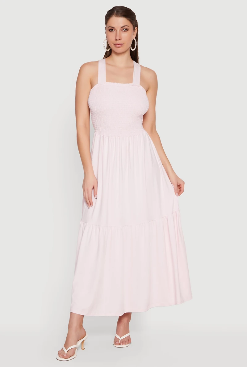 Smocked Tie Back Keyhole Maxi Dress
