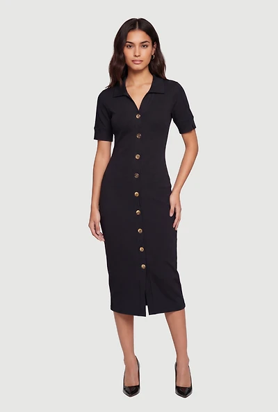 Short Sleeve Button Front Midi Dress