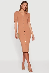 Short Sleeve Button Front Midi Dress