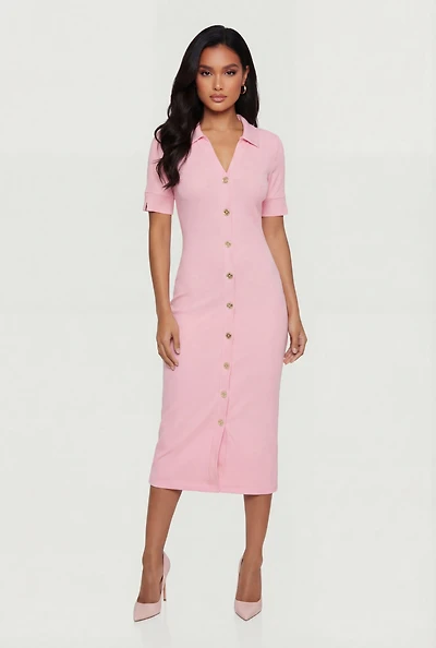 Short Sleeve Button Front Midi Dress