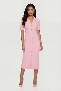Short Sleeve Button Front Midi Dress