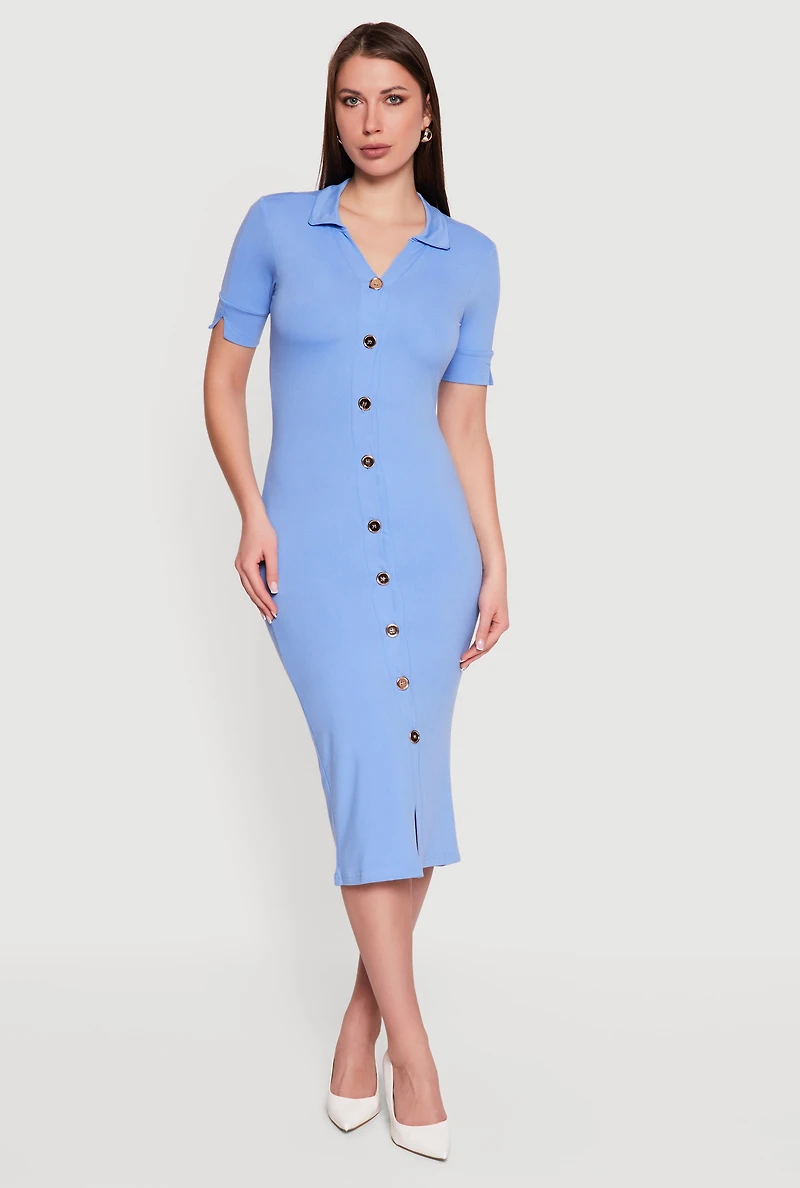 Short Sleeve Button Front Midi Dress
