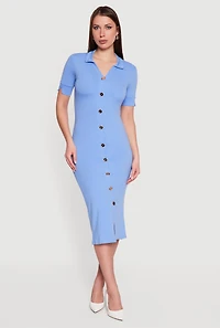 Short Sleeve Button Front Midi Dress
